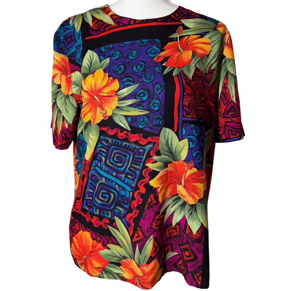 Norton McNaughton Vintage Tropical Hibiscus Abstract Blouse 12‎ Multi